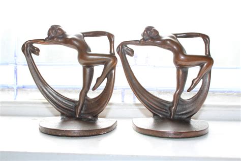 Art Deco Bronze Bookends Nude Women Scarf Dance Vintage 1920s