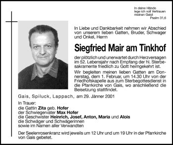 Traueranzeigen Von Siegfried Mair Am Tinkhof Trauer Bz