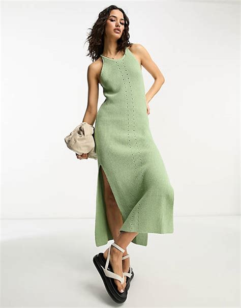 Asos Design Knitted Halter Neck Midi Dress In Khaki Asos