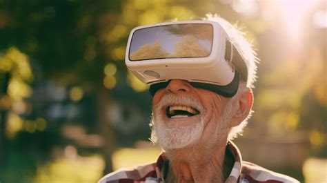 Premium Ai Image Happy Senior Man Wearing Vr Glasses