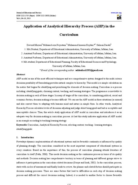 Pdf Application Of Analytical Hierarchy Process Ahp In The