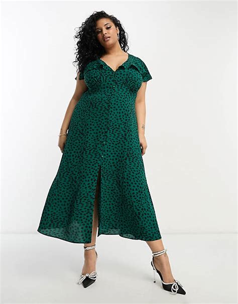 Asos Design Curve Flutter Sleeve Midi Tea Dress With Button In Green