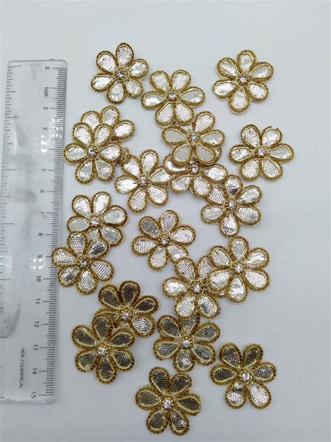 25 Tiny Handmade Applique Gota Patti Zari Flower Motif Crafting