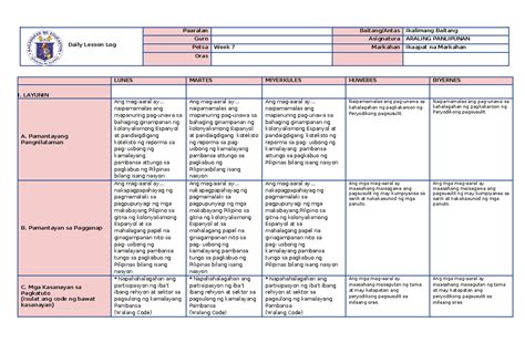 Dll Week Q Ap Eyufyefi Daily Lesson Log Paaralan Baitang Antas