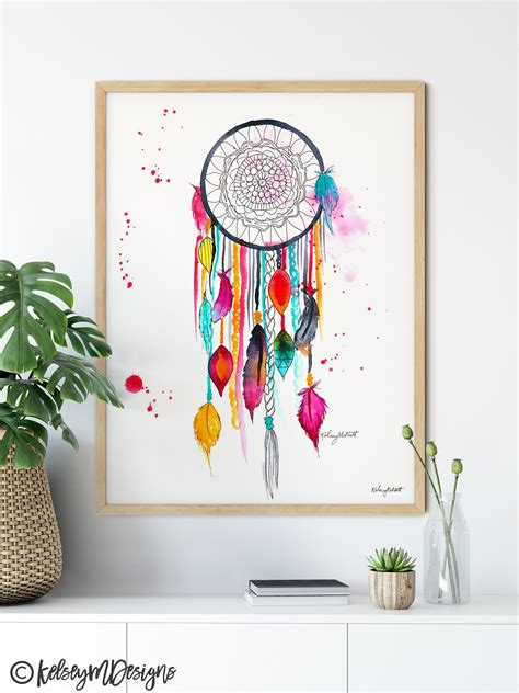 Pink Boho Dream Catcher Wall Art Dreamcatcher Watercolor Painting