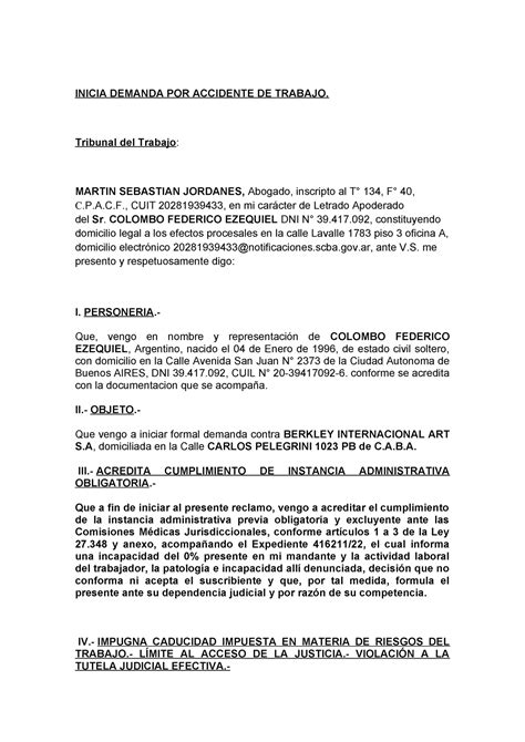 Demanda Art CABA Colombo INICIA DEMANDA POR ACCIDENTE DE TRABAJO