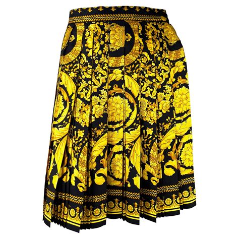 S S 1992 Gianni Versace Couture Black Gold Baroque Print Pleated Skirt