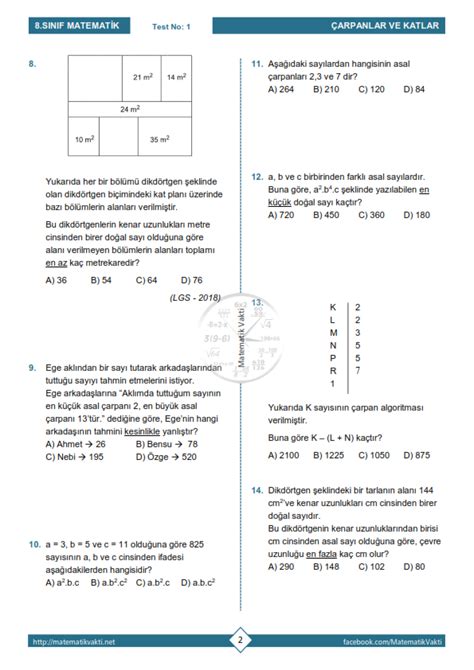 8 Sınıf Çarpanlar Ve Katlar Testi PDF İndir Matematik Vakti