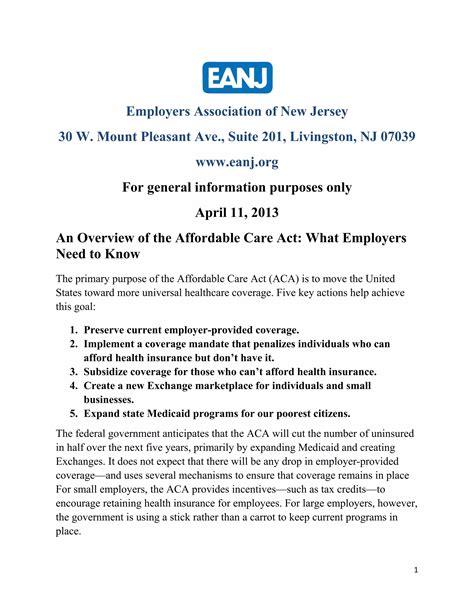 An Overview Of The Affordable Care Act What Employers Need To Know April 2013 Pdf