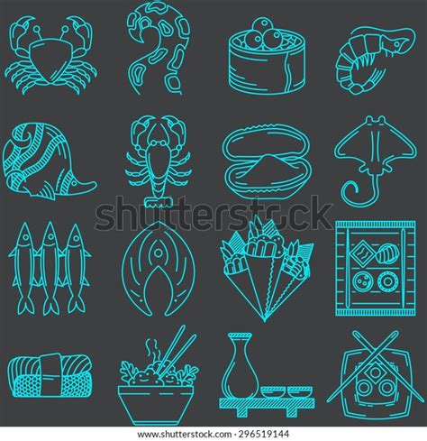 Set Blue Line Icons Seafood Menu Stock Illustration 296519144