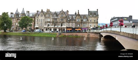 West bank of River Ness and Ness Bridge in downtown Inverness, Scotland ...