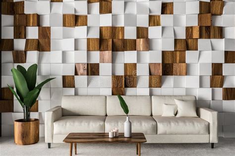 Wooden Tiles Living Room Interior, White Sofa Stock Illustration ...