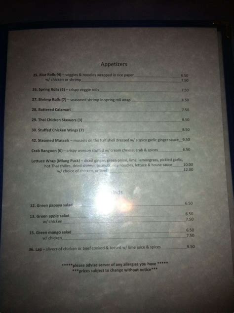 Menu at Magic Thailand Restaurant, Winnipeg