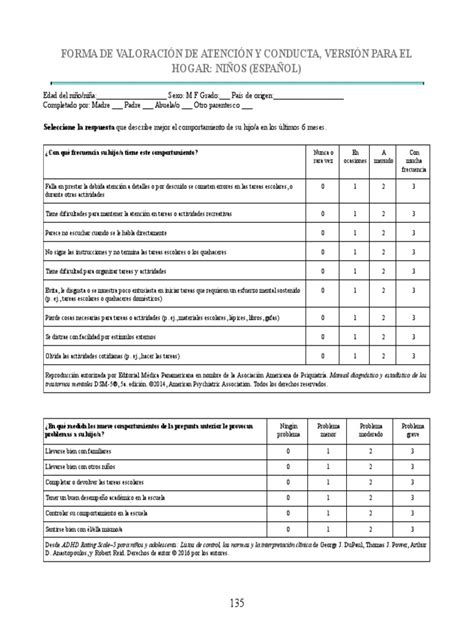 Escala De Evaluación Tdah 5 Para Niños Y Adolescentes En Casa Pdf Asociación Americana De