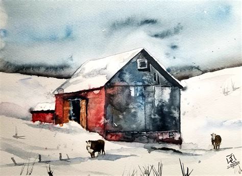 Red Barn Winter Landscape Original Watercolor Landscape - Etsy