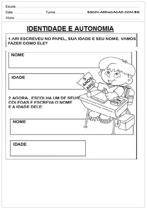 Atividades identidade e autonomia Atividade Educativa Escola Educação