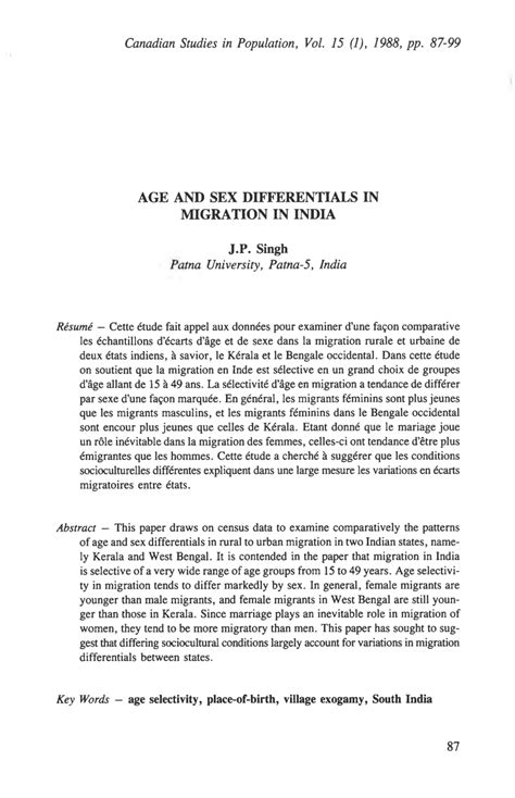 Pdf Age And Sex Differentials In Migration In India