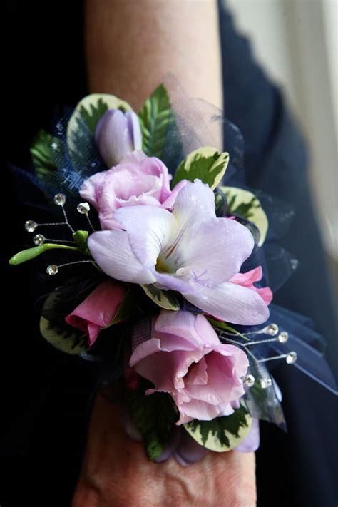 Lavender And Purple Wrist Corsage With Sparkle Gems And Pit Corsage