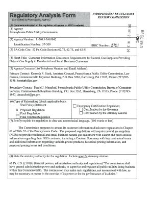 Fillable Online Irrc State Pa TORY INDEPENDENT Regulatory Analysis Form