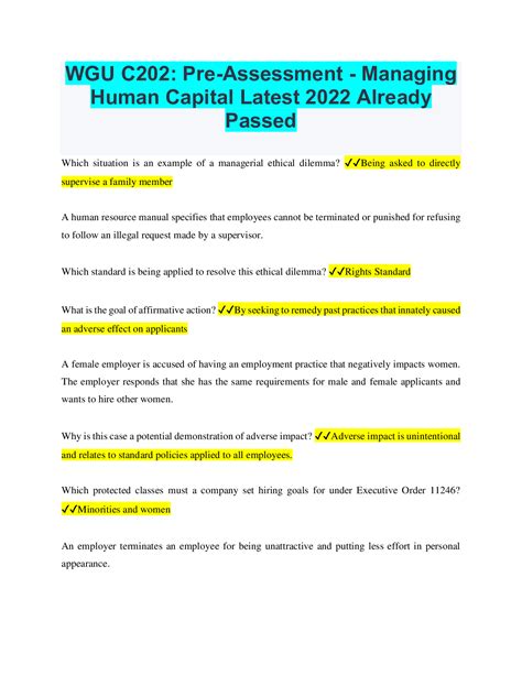 Wgu C202 Pre Assessment Managing Human Capital Latest 2022 Already Passed Browsegrades