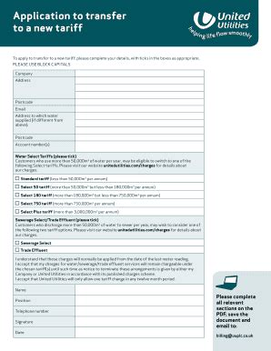 Fillable Online Application To Transfer To A New Tariff United