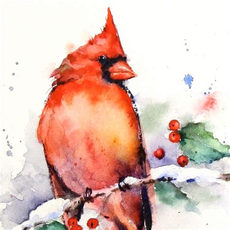 Cardinal And Holly Watercolor Print Cardinal Painting Bird