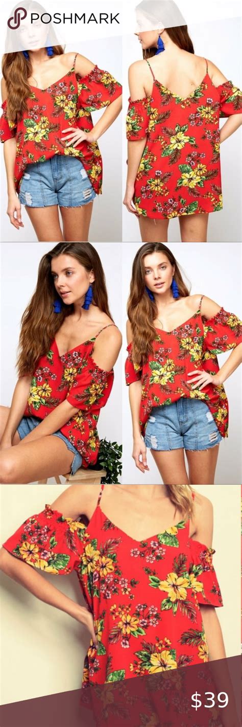 Marie Red Floral Print Cold Shoulder Top Floral Print Tops Couture