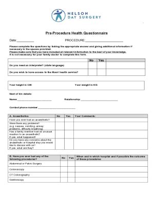 Fillable Online Nds Pre Procedure Form Docx Fax Email Print Pdffiller