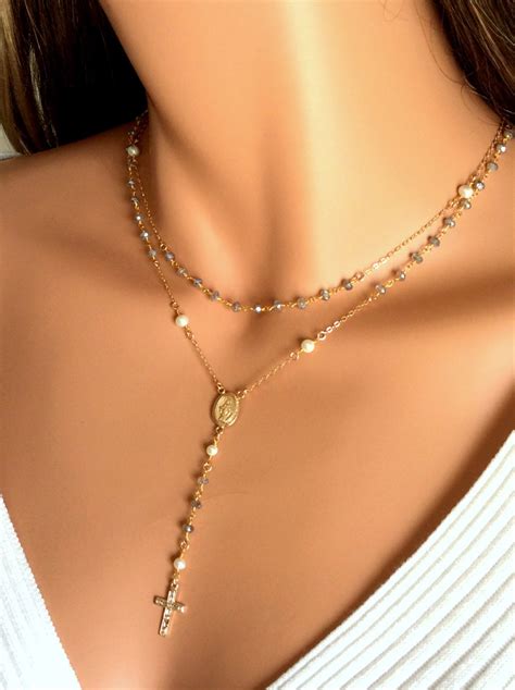 Labradorite Rosary Necklace Multi Strand Pearl Kt Gold Etsy