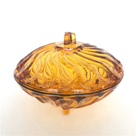 Vintage Amber Glass Covered Swirl Design Tri Footed Dish Etsy