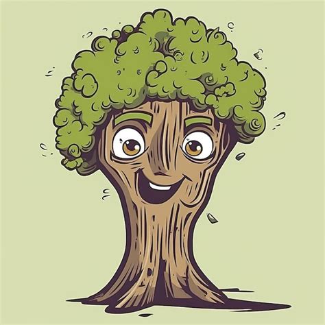 Una caricatura de un árbol con una cara y una cara que dice feliz