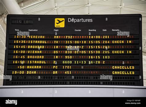 Erbil, Iraq. 29th Sep, 2017. Departure board at Erbil International ...