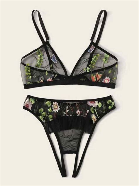 Embroidered Mesh Crotchless Lingerie Set Echoine