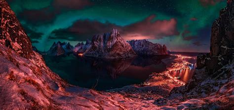 Lake Reflection Lights Landscape Sky Norway Fjord Lofoten