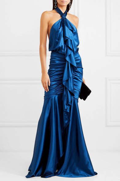 Alexandre Vauthier Open Back Ruffled Stretch Silk Satin Halterneck Gown