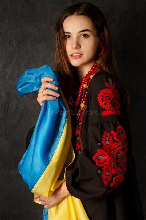 Ukrainian Woman In A National Dress With A Blue And Yellow Flag Of Ukraine Stock Image Image