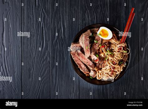 Soba Noodles With Sliced Roasted Beef Shiitake Mushrooms Boiled Eggs