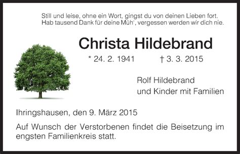 Traueranzeigen Von Christa Hildebrand Trauer Hna De