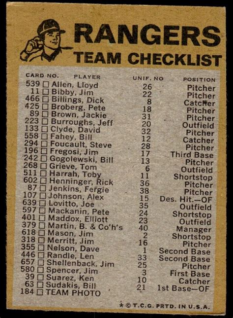 1974 Topps Team Checklists One Star Unmarked NNO Texas Rangers EBay