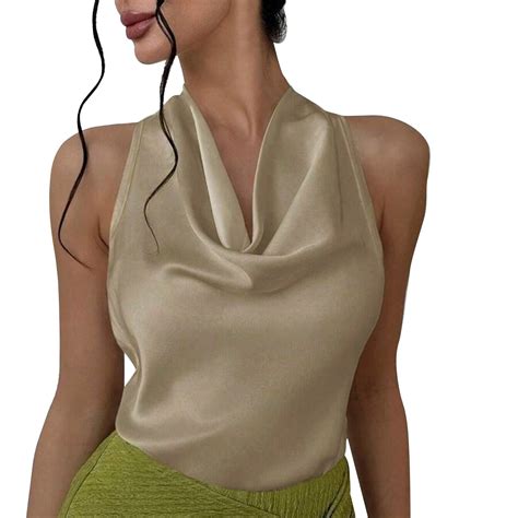 chcnhac cowl neck tops  women satin silky draped tie  blouses