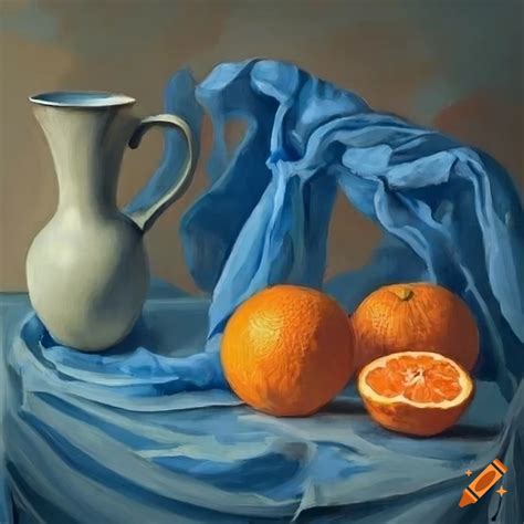 Still Life With Oranges Vase And Jug Behind Blue Fabric On Craiyon