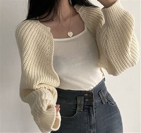 Chunky Cropped Knitted Cardigan Long Sleeves Arm Warmer Y2k Etsy