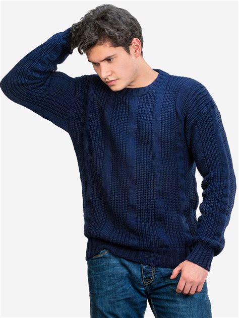 Inti Alpaca Thick Handmade Sweater For Men In Blue Alpaca Wool Winter Crewneck Pullover