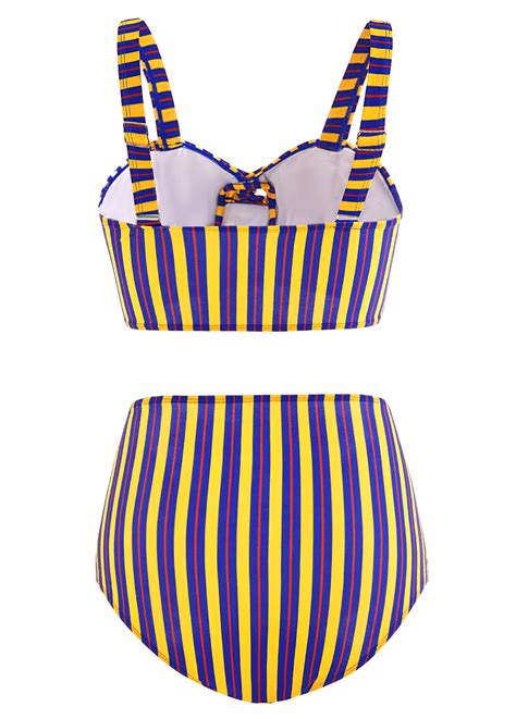 High Waist Cross Front Cutout Striped Bikini Set Rosewe Usd