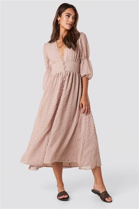 V Shape Flowy Puff Sleeve Dress Rosa Na