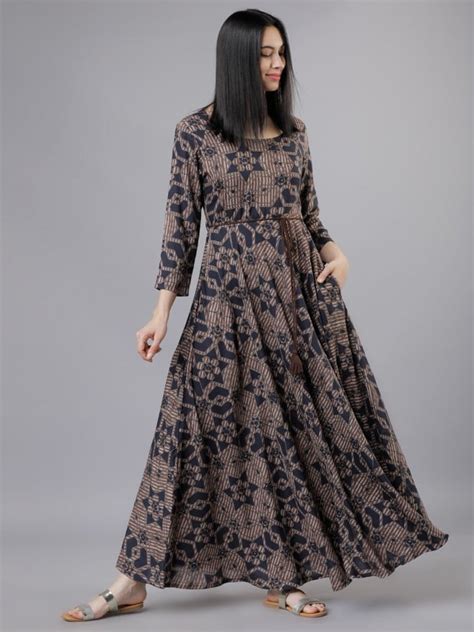 Buy Vishudh Brownnavy Blue Printed Flared Maxi Dress For Women Online