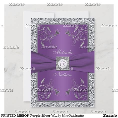 Printed Ribbon Purple Silver Wedding Invitation Zazzle Monogram Wedding Invitations Silver