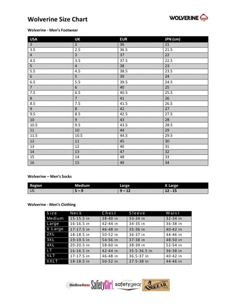 Footwear and Socks Size Chart - Wolverine Download Printable PDF ...