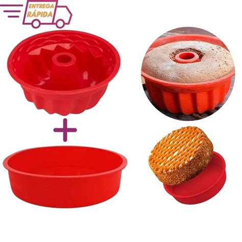 Kit Forma De Bolo Silicone Redonda E Furo No Meio Vazada Para Bolos