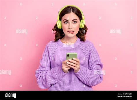 Photo Of Pretty Unsure Lady Wear Violet Sweater Choosing Songs Modern